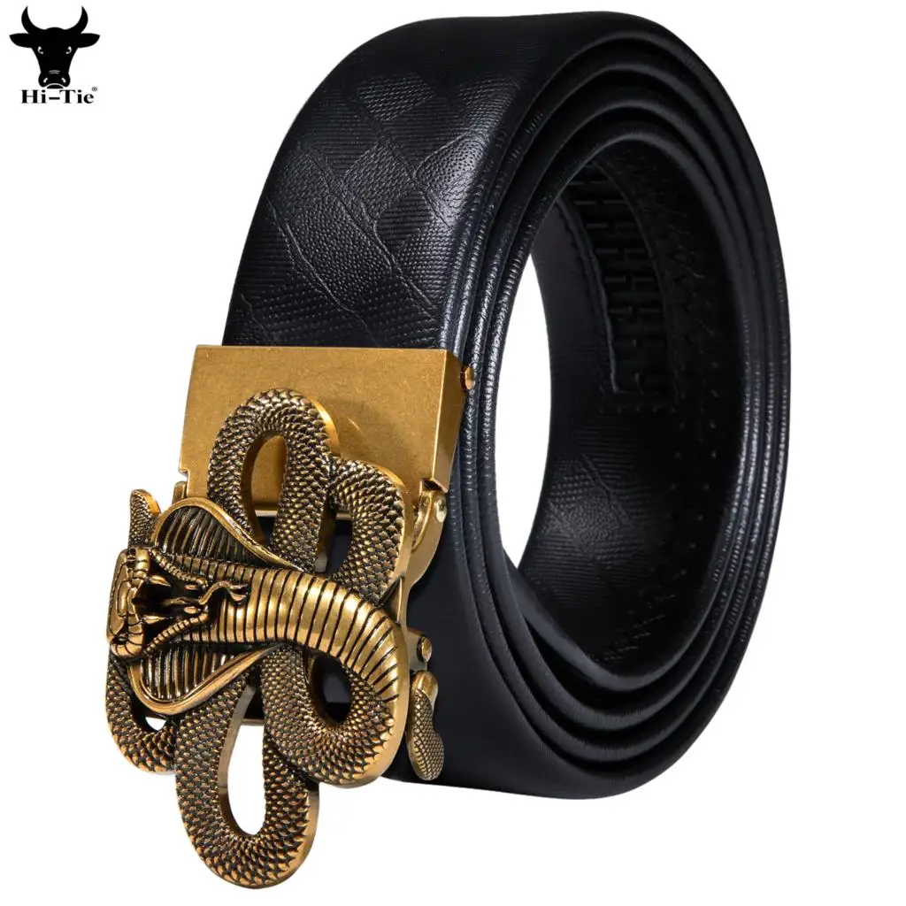 

Hi-Tie Luxury Gold Cobra Automatic Buckles Mens Belts Black Genuine Leather Ratchet Waistband Belt Girdle for Men Casual Formal