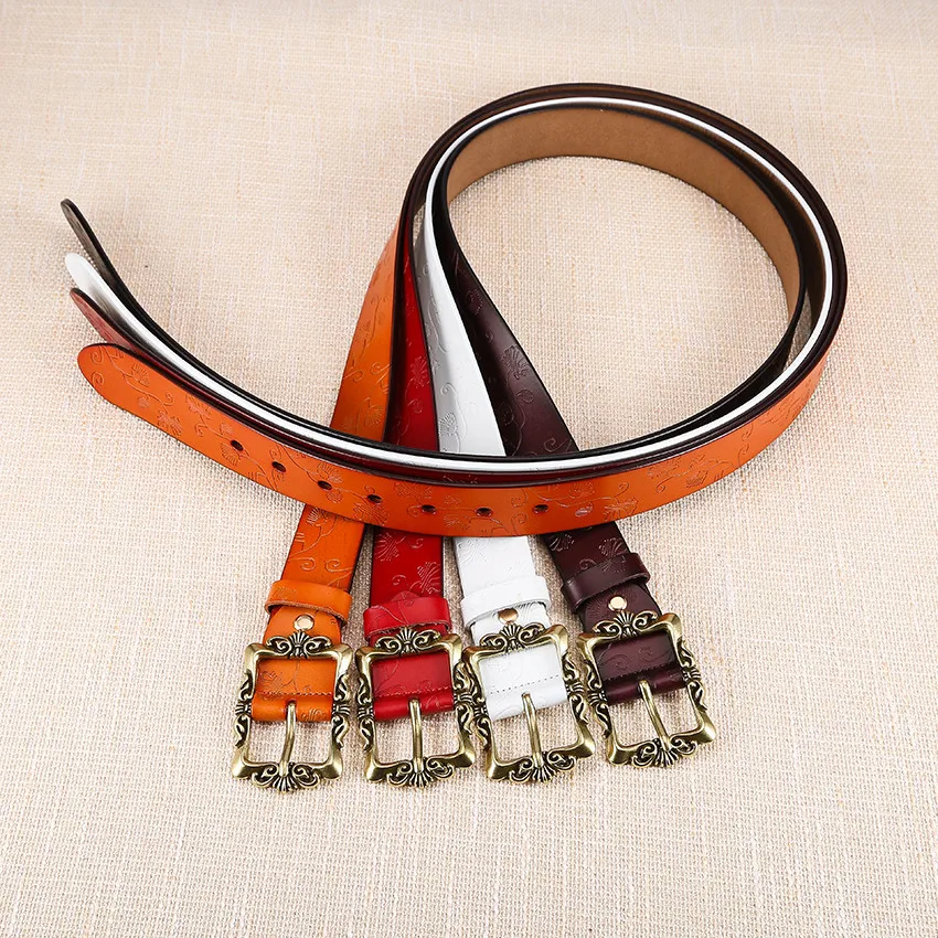 Женский ремень винтажный натуральная кожа Карвен узор металлическая пряжка