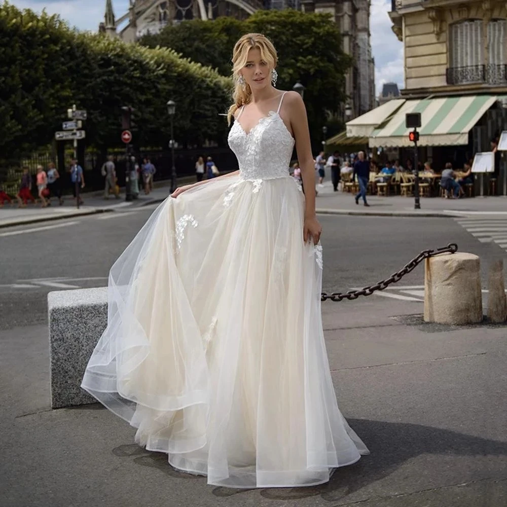 

HERBURNL Elegant Wedding Dress Spaghetti Straps Sleeveless Appliqués Floral Tulle Dress A-Line Lace-Up Ladies Robe de mariée