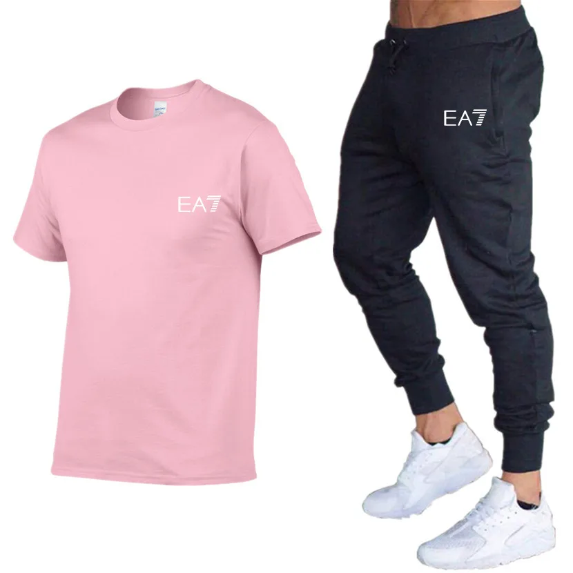 

2021 Men's Sets T Shirts+Pants Two Pieces Sets Casual Tracksuit Men/Women Causal Suit Print Tops+Pants Gyms Fitness Trouse