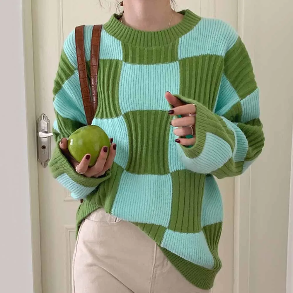 

Woman Sweaters Thick Line Knitted Pullovers Design Sense Niche Loose Plaid 2022 Autumn Retro Japanese Lazy Green Jacket