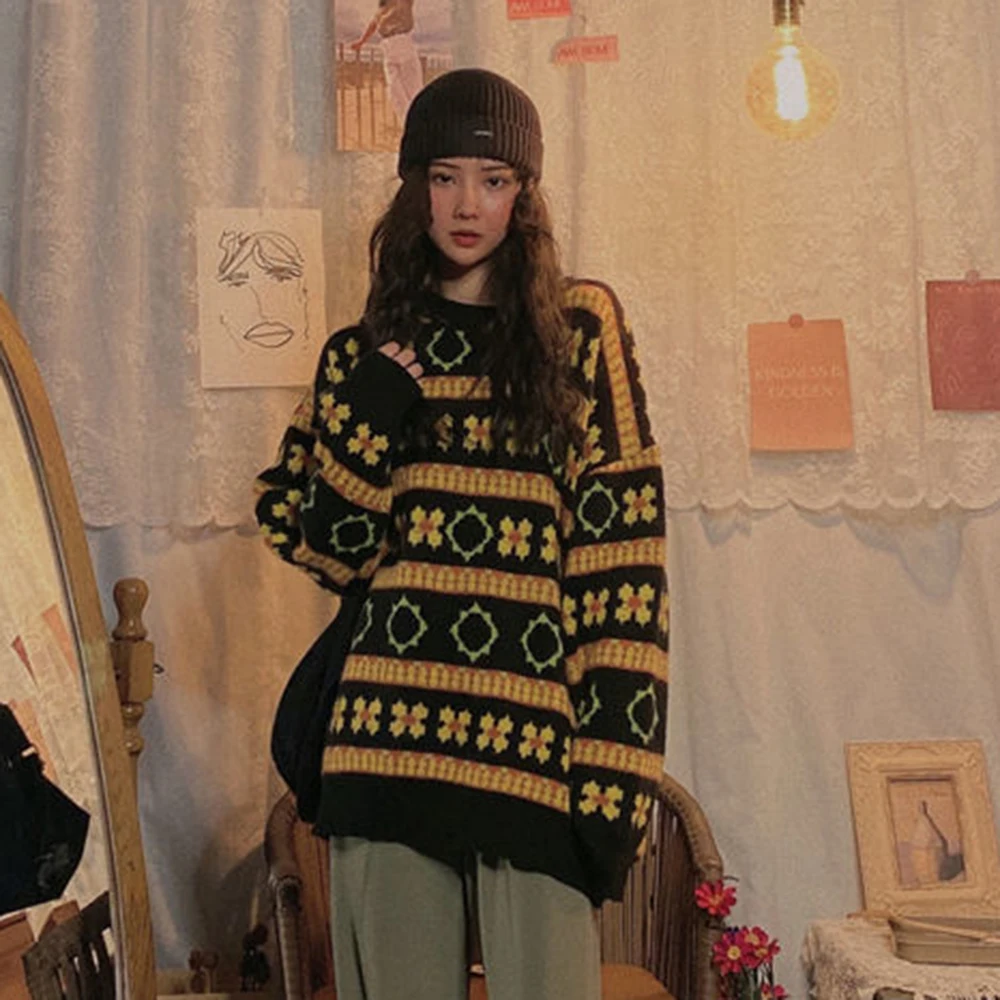 

Japanese Style Striped Oversized Pattern Knitted Sweater Retro Long Sleeve Pullover Ulzzang Women O-Neck Clothing
