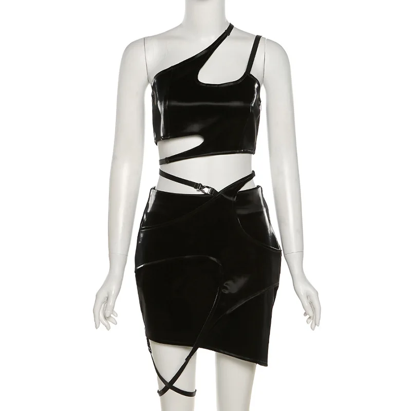 

Goth Dark Techwear Gothic Women Sexy Skirt Suits Black Punk Cut Out Camis High Waist Bodycon Skirts Summer Sexy Two Pieces Set