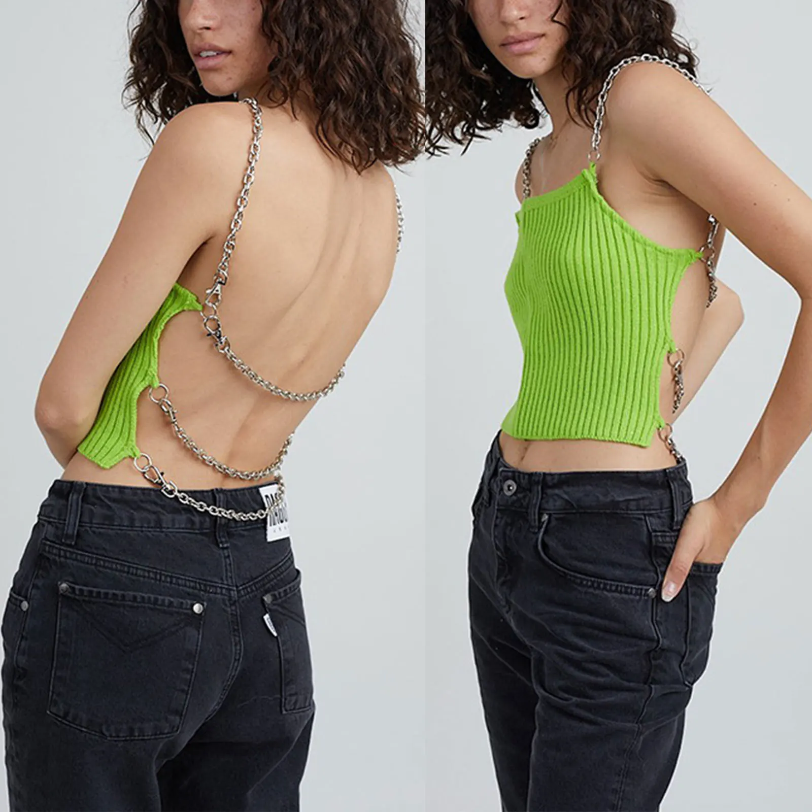 

Summer Women Sling Knitted Tank Tops Multi Silver Chains Backless Sexy Spaghetti Straps Camisoles Vest