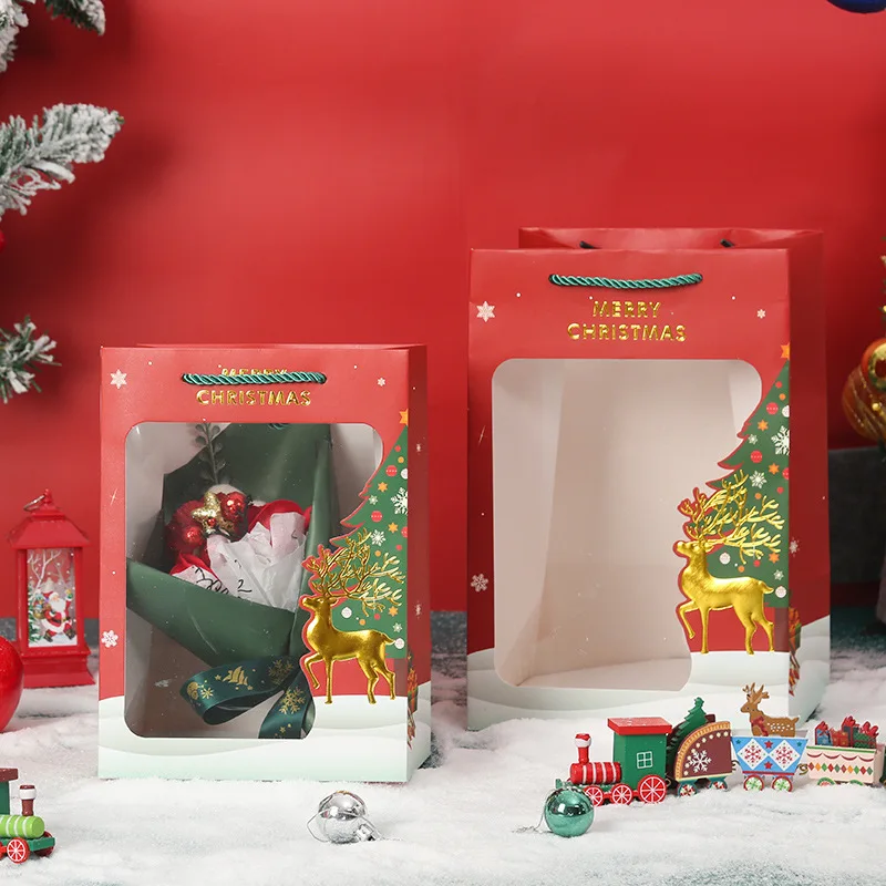 

10pcs Christmas Gift Package Bags With Transparent Window For Home Party Carrying Paper Bags Shopping Bag