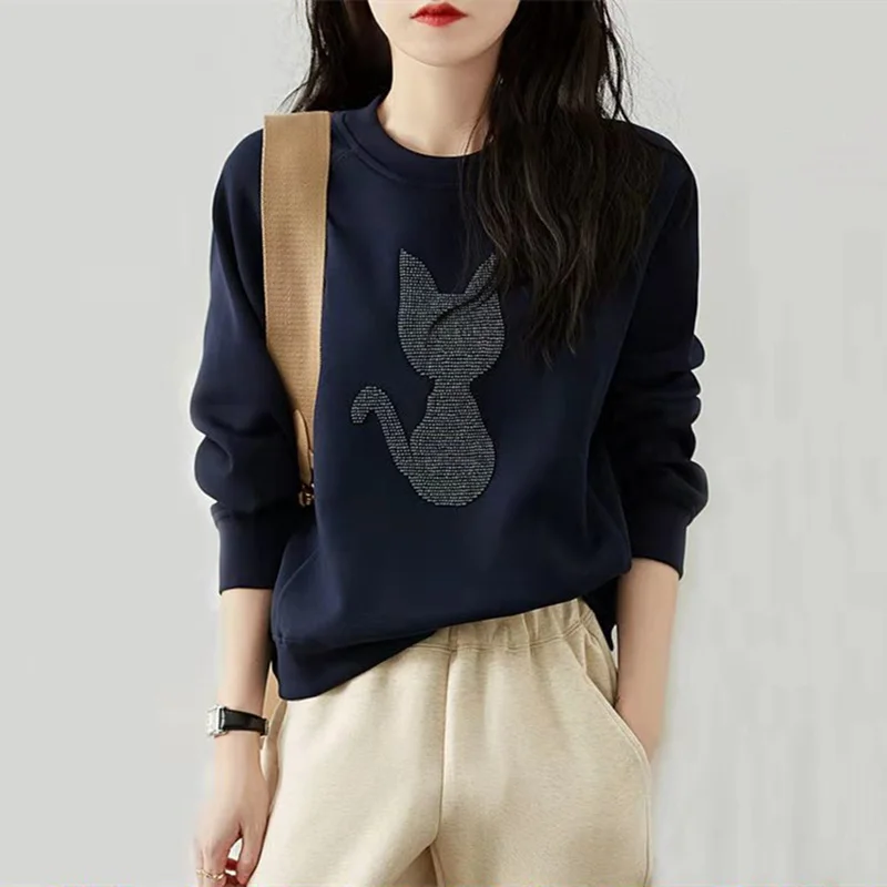 

Свитшот женский с круглым вырезом, модная кофта в Корейском стиле, пуловер с рисунком кота со стразами, весна-осень 2021