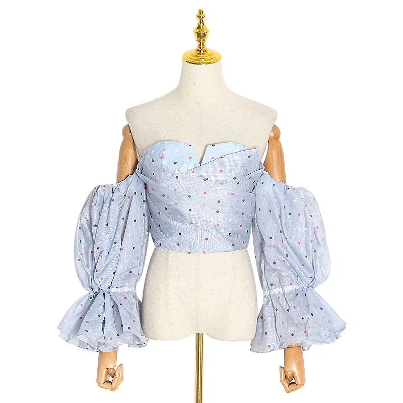 

Women's new chic pleated color wave lantern sleeve strapless short top women tide