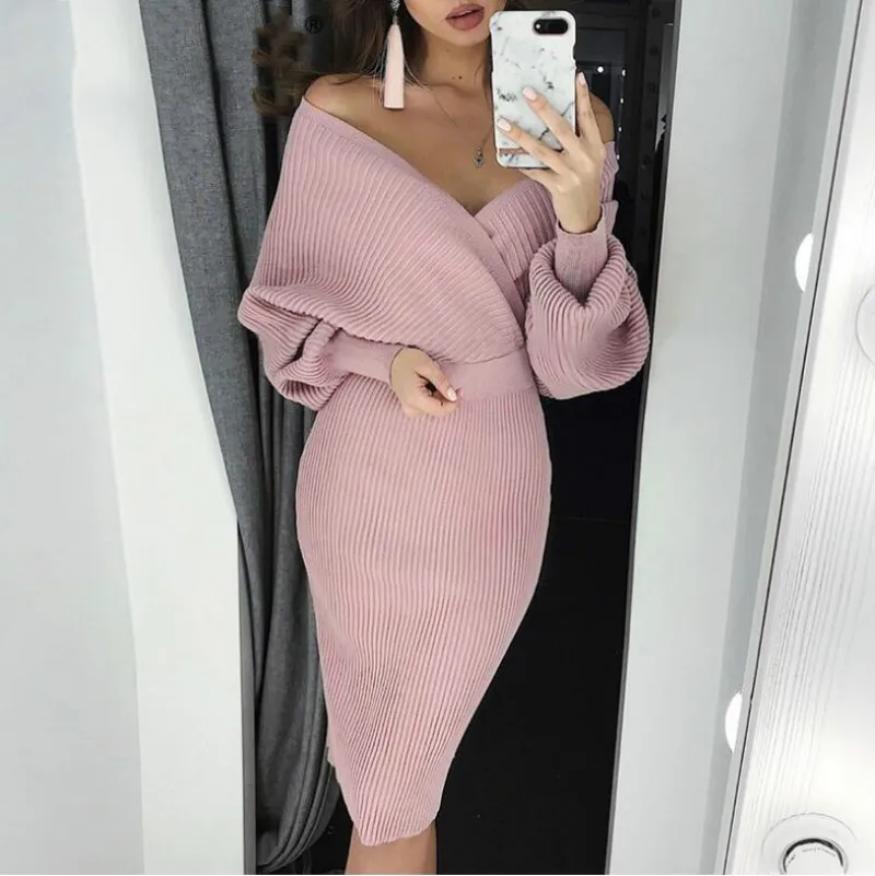Сексуальное трикотажное платье с v-образным вырезом женское платье-свитер