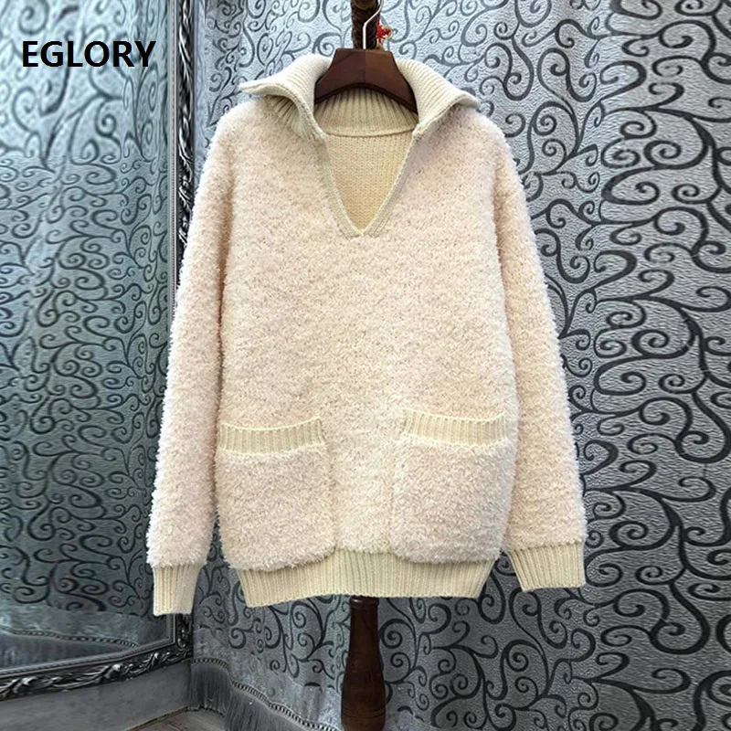 2020 Autumn Winter Hot Sale Sweaters and Pullovers Women Turn-down Collar Big Pocket Deco Thick Knitting Casual Warm Sweater Top