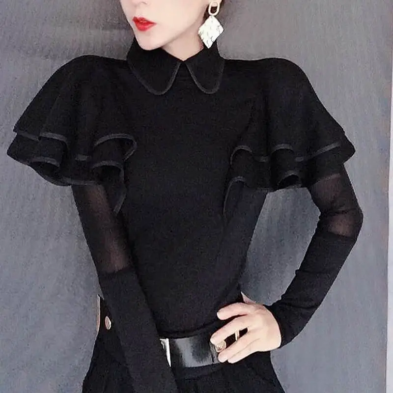 

Women 2020 Spring Autumn New Fashion Solid Color Ruffle Blouses Female Black Casual Long Sleeve Tops Ladies Slim Shirts V11