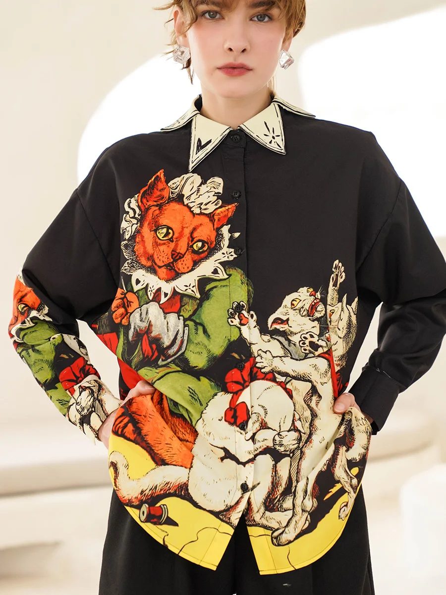 

LYNETTE'S CHINOISERIE Spring Autumn Original Design Women Vintage Painting Print Ultra Loose Shirts/Blouses