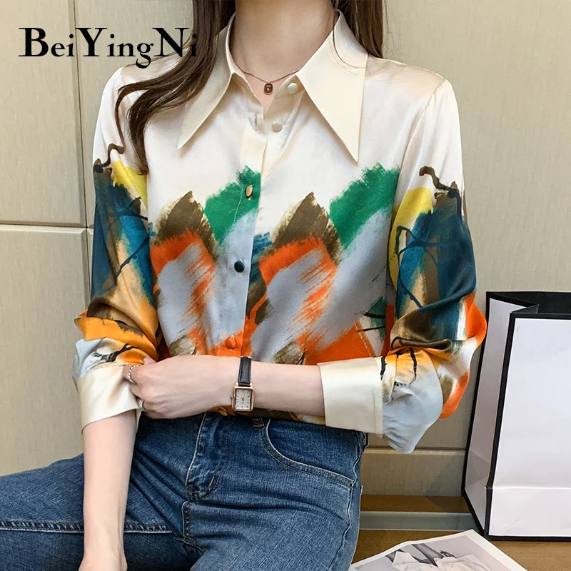 

Beiyingni Chiffon Blouses Female Vintage Harajuku Casual Full Sleeve Printed Shirts Womens Buttons Streetwear Tops Woman Clothes