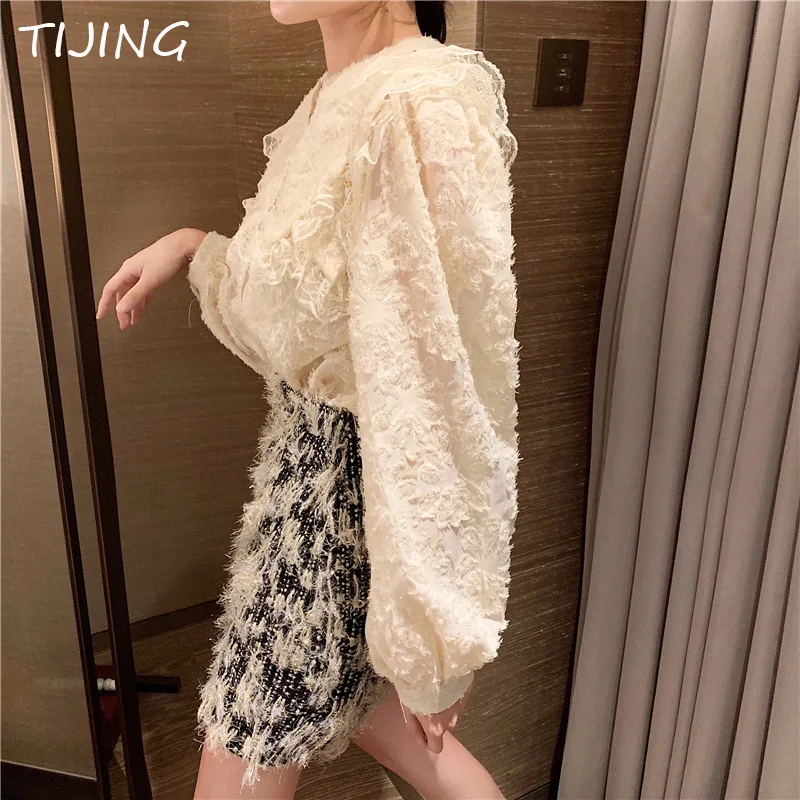Осенняя модная женская блузка с длинным рукавом белые кружевные топы летние
