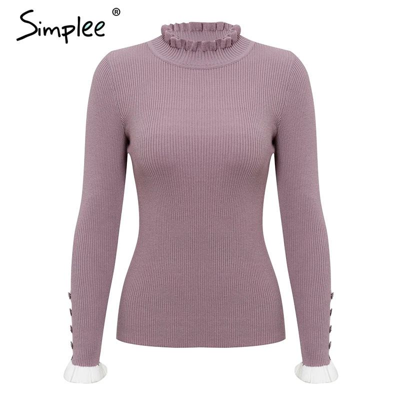 Женский вязаный свитер в полоску с оборками и Расклешенным рукавом на пуговице