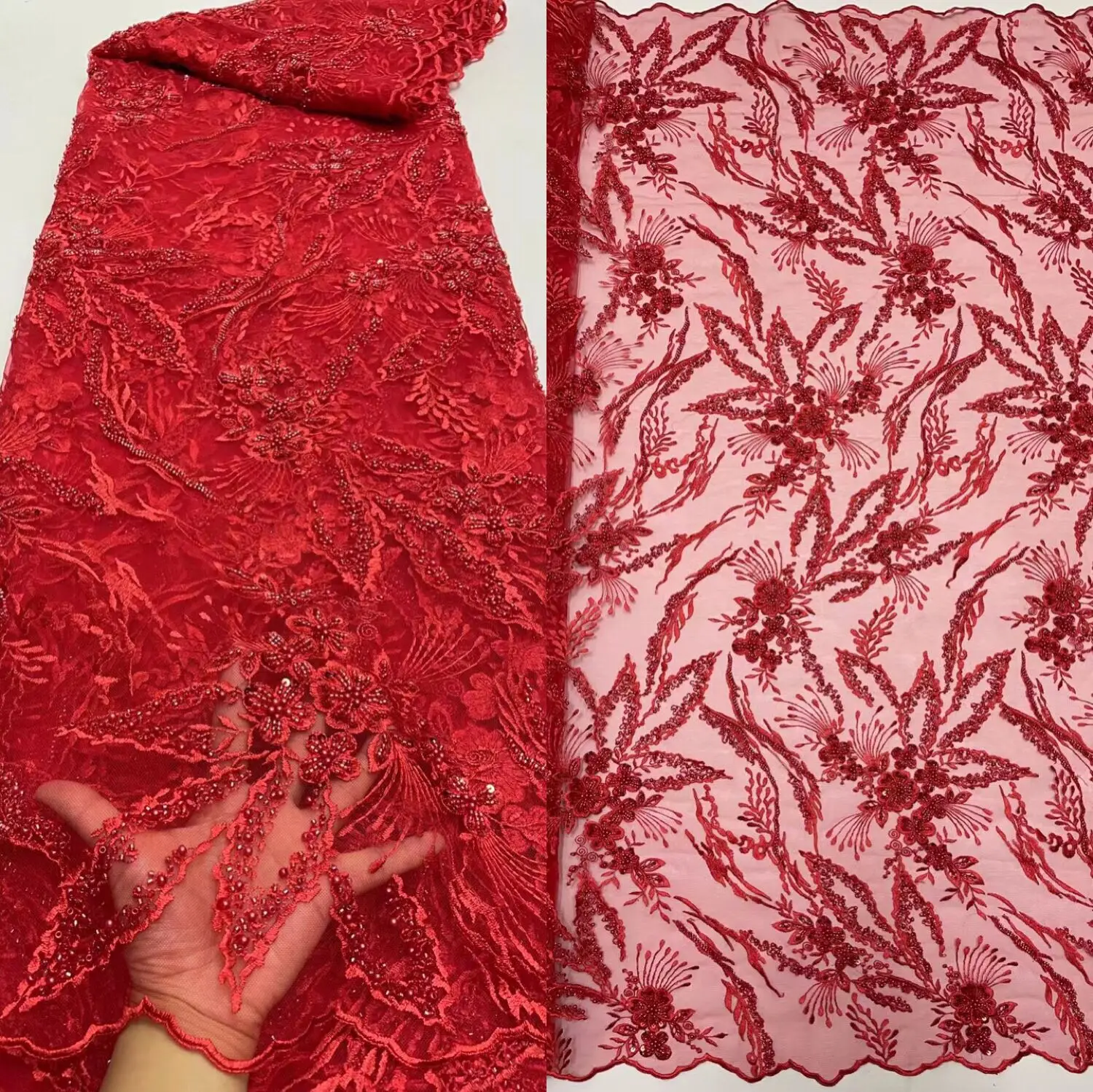 

African Lace Fabric Embroidered Nigerian Sequins and beads Lace Fabric ZH-916681 High Quality French Tulle Lace Fabric