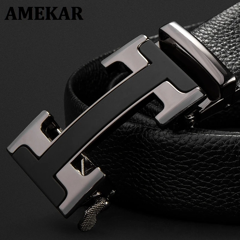 

Brand Men's Leather Genuine Belt Black Fashion Alloy Luxury Automatic Buckle Youth Leather Simple Business Men's Belt