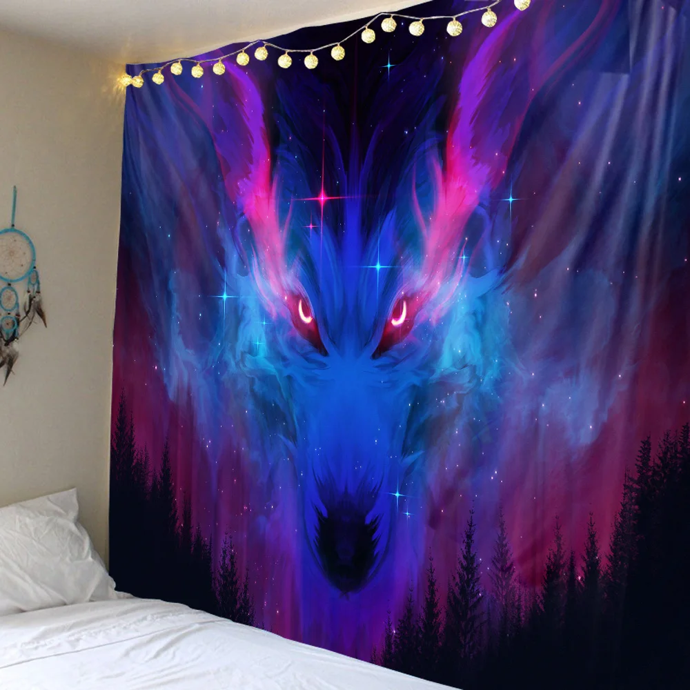 Гобелен с космическим звездным небом волком тотемом светящимся подвесное