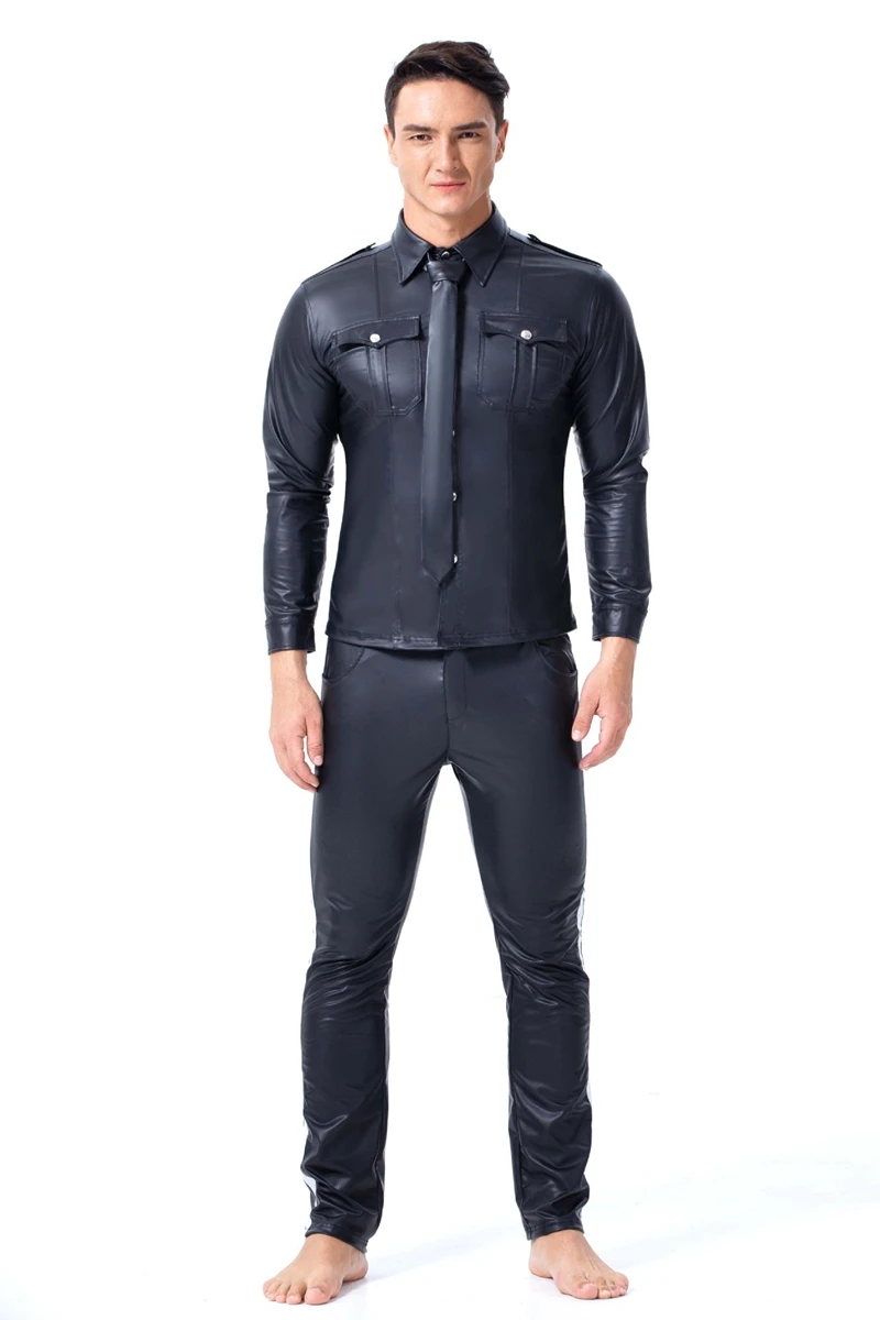 

Faux Leather Long Sleeve Shirts Fitness PU Leather T Shirts Men Tops Gay Latex T-shirt Men Sexy Party Fashion Night Clubwear