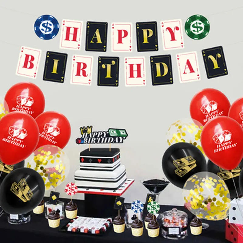

Casino Supplies Including Playing Cards Happy Birthday Banner Hanging Flags Vegas Themed Party Decorations
