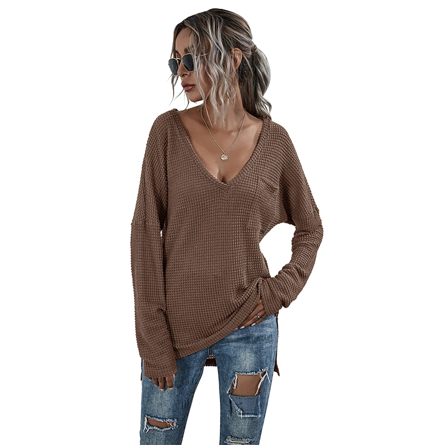 

MIXINNI 2021 Women's Fall Hot Style Solid Color V-neck Split Pocket Knit Sweater 2282