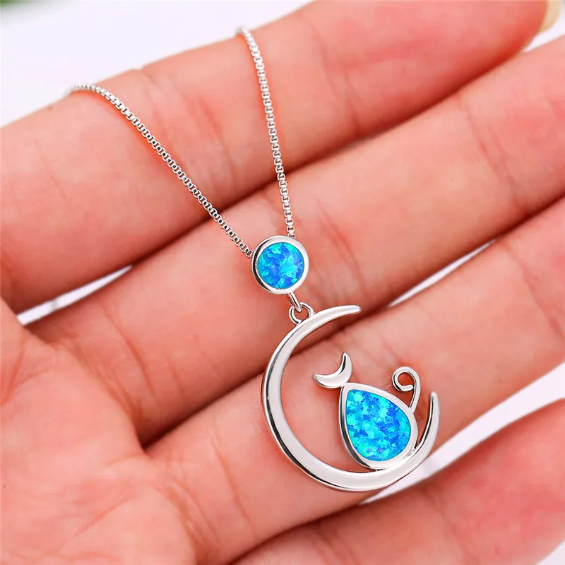 Cute Female Big Cat Moon Pendants Necklaces Silver Color Wedding For Women Boho White Blue Fire Opal Necklace | Украшения и