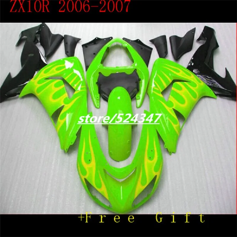 

Зеленый черный + желтый пламя ABS Мотоциклетный коврик для ZX-10R 2006-2007 cool ZX 10R 06-07 пластиковый комплект мотоциклетный корпус обтекатель