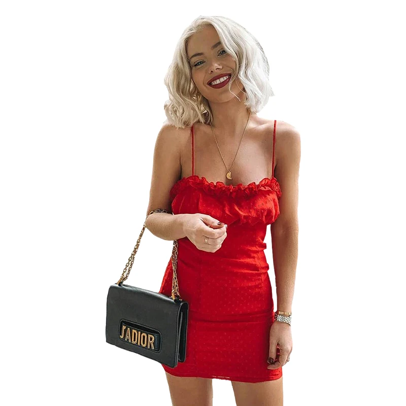 

Red woman backless Dress sexy dot sleeveless mini Dress summer 2019 fashion strappy ruffles evening party dress bodycon