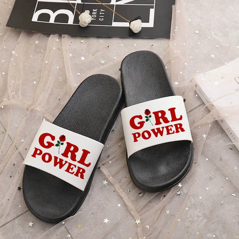 

2021 Summer Beach Fashion Open Toe Slippers Printed Women's Non-slip Slides Girl Power Feminism Printed Flip Flops