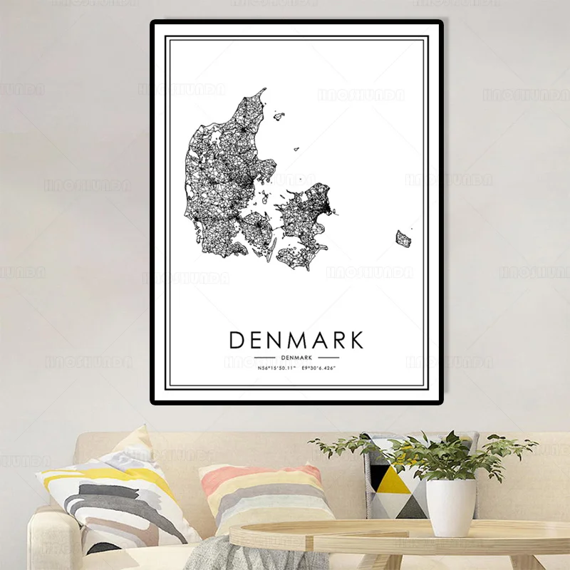 Современная Дания черно-белая фотография с картой города настенная живопись для