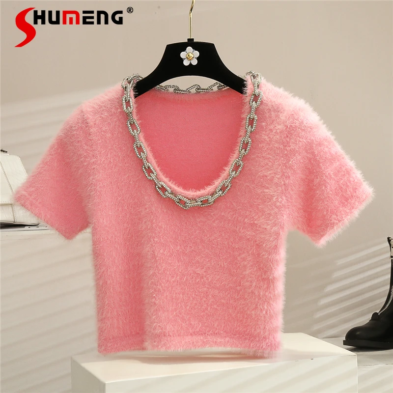 

2021 Early Autumn New Fashion Solid Color Loose and Lazy Style Knitted Top Women's Simple O-neck Mohair Short Sleeve Sweater