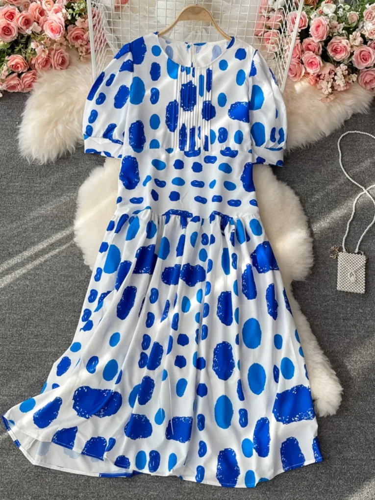

Summer Chic Dot Printed Round Neck Pleated Design Thin Dresses Women's Short Sleeve High Wasit Loose Plus Size Dress