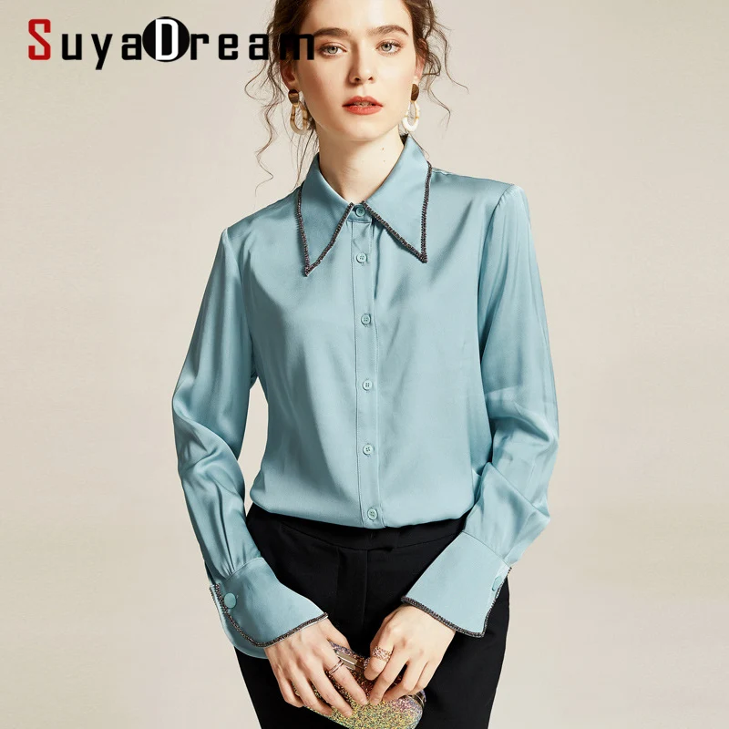 

Блузка SuyaDream Женская шелковая, 92% шелк, 8% спандекс, с длинными рукавами и отложным воротником