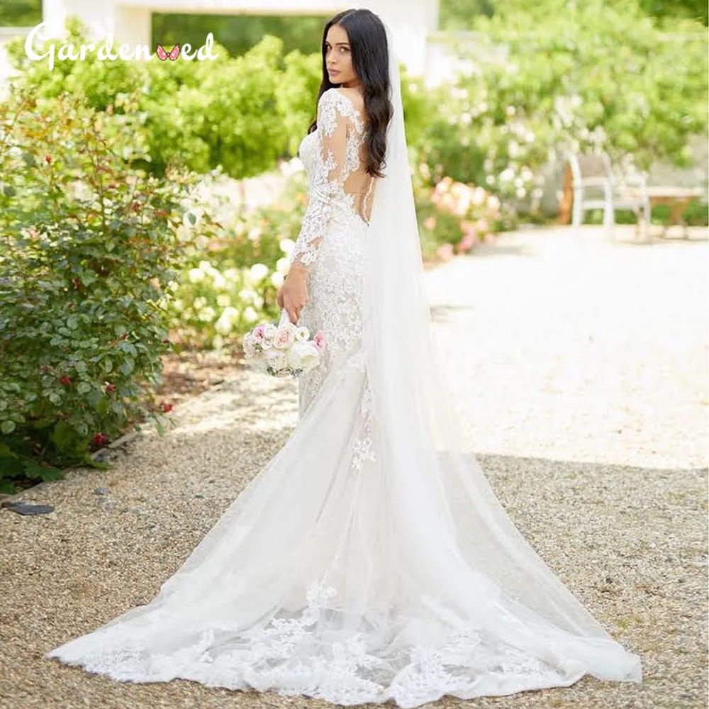 

Ivory Mermaid Wedding Dresses Lace Appliques Illusion Sleeves Back Bridal Gowns 2020 Elegant Bride Dresses