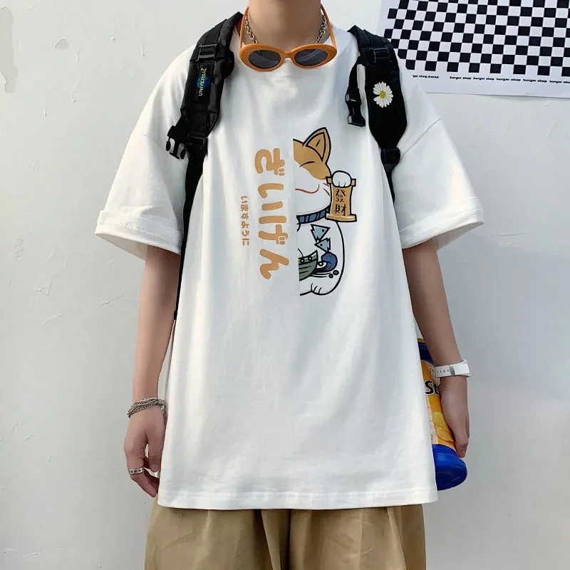 

Summer Women Casual Kawaii Fortune Cat Print Short Sleeved Tops Ulzzang Vintage Hip Hop Harajuku Anime Couples Dress T-shirts
