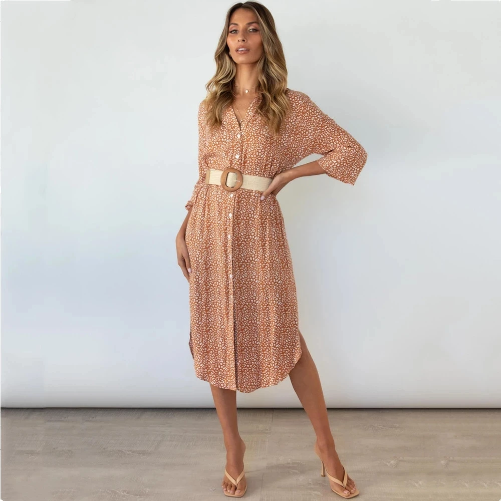 Женское платье с леопардовым принтом Повседневное длинным рукавом разрезом в