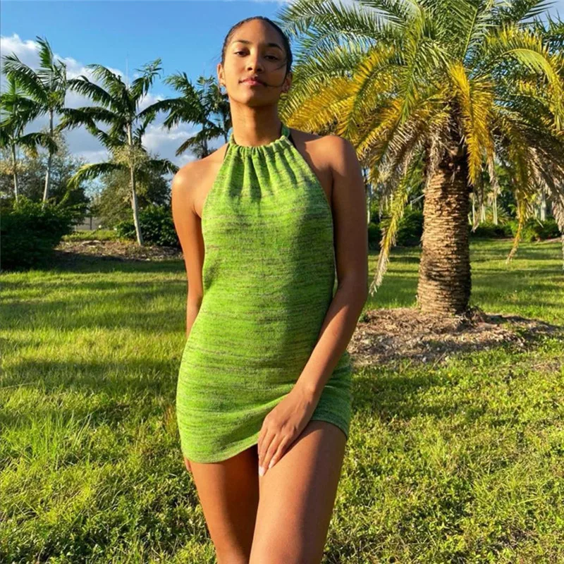 

Summer New Women Dress 2021 Halter Bandage Buttocks Backless Hollow Out Sexy Dress Short Lady Fashion Temperament