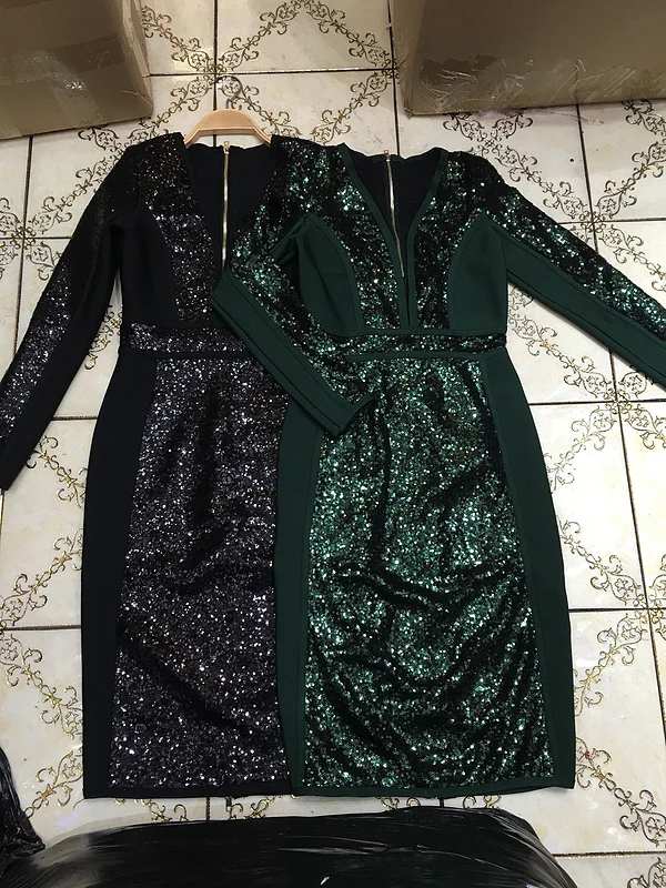 Sexyboutique Бандажное платье с длинным рукавом и v-образным вырезом, праздничное платье с блестками, блестящие Клубные праздничные платья