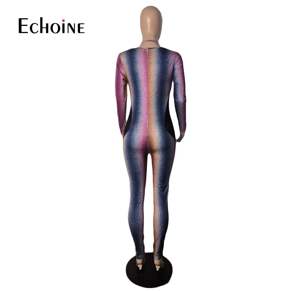 

Echoine Women Gradient Color Print Sexy Mesh Patchwork Party Clubwear Jumpsuits Halter Lace-Up Hollow Out Skinny Rompers Overall