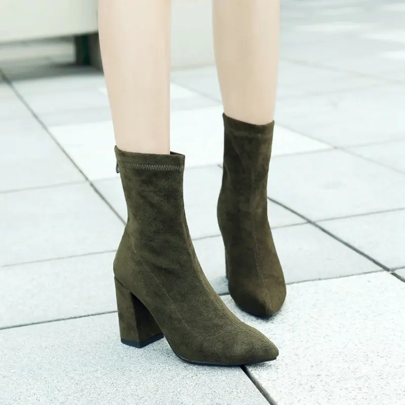 

Sianie Tianie Olive Army Green Winter Warm Fleece Chic Mordern Stretch Fabric Socks Booties Block High Heels Sexy Women Boots