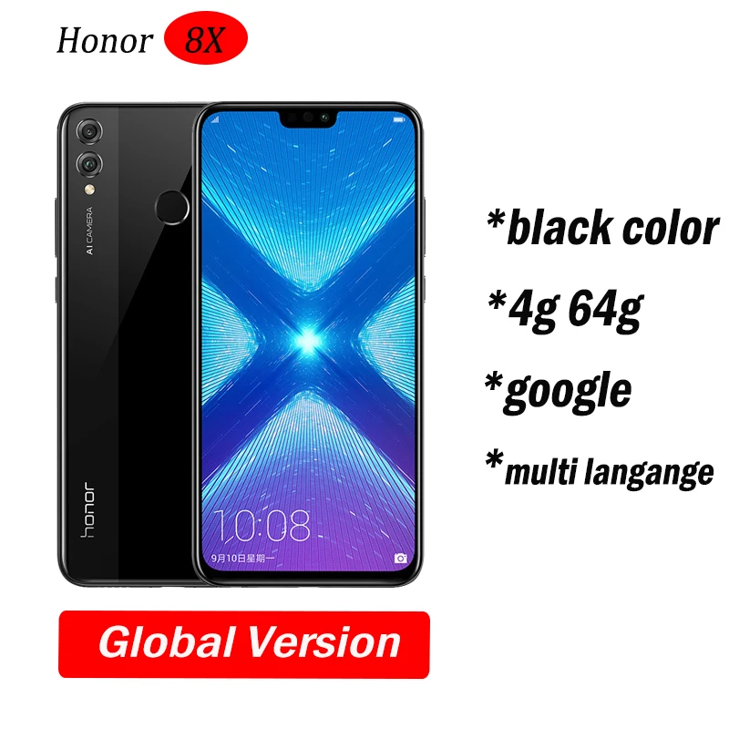Глобальный Встроенная память Huawe Honor 8X6,5 ''полный экран ОТА обновление смартфон не 8x max мобильного телефона Android 8,1 Восьмиядерный отпечаток пальца ID - Цвет: 4g64 black global V