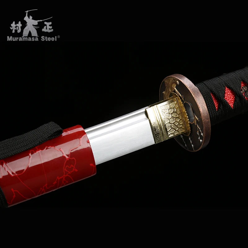 

Real Japanese Sword Spring Steel Blade Full Tang Sharp Ready For Battle Handmade Katana-Wood Sheath Red Lines-41Inches