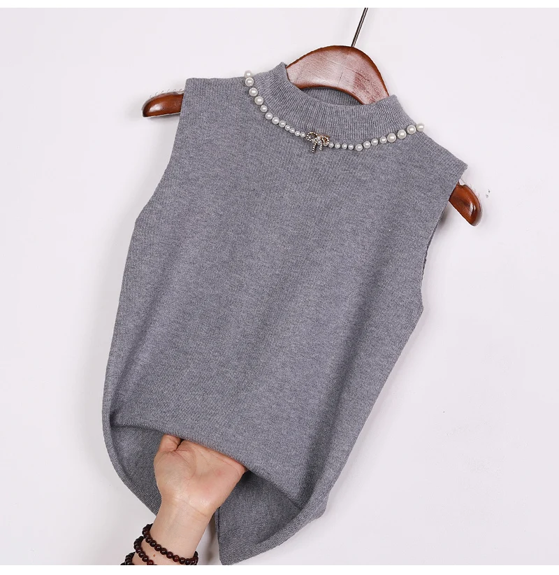 

Женская трикотажная водолазка, элегантный однотонный облегающий Топ без рукавов с жемчужными бусинами и бантом на осень