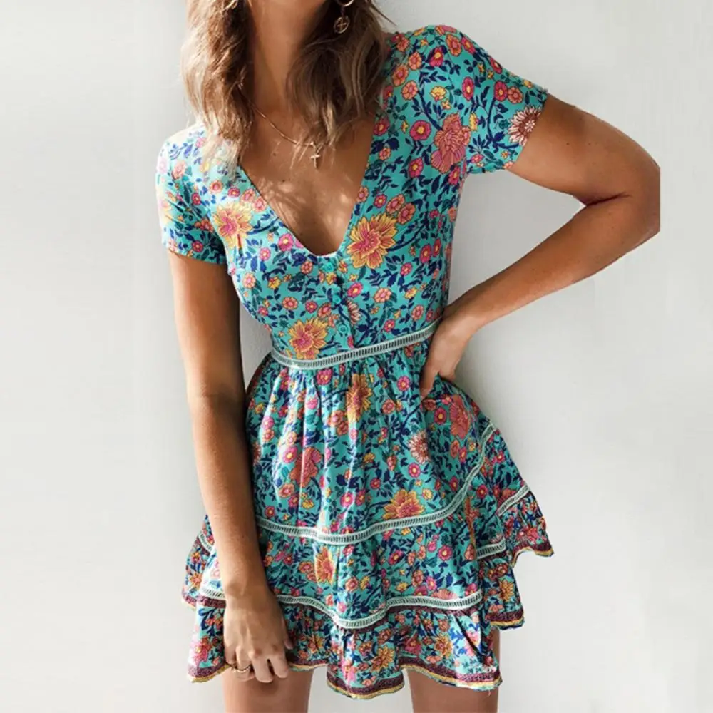 

Hot Sale Summer Beach Boho Floral Print Buttons Deep V Short Sleeve Women Mini Dress