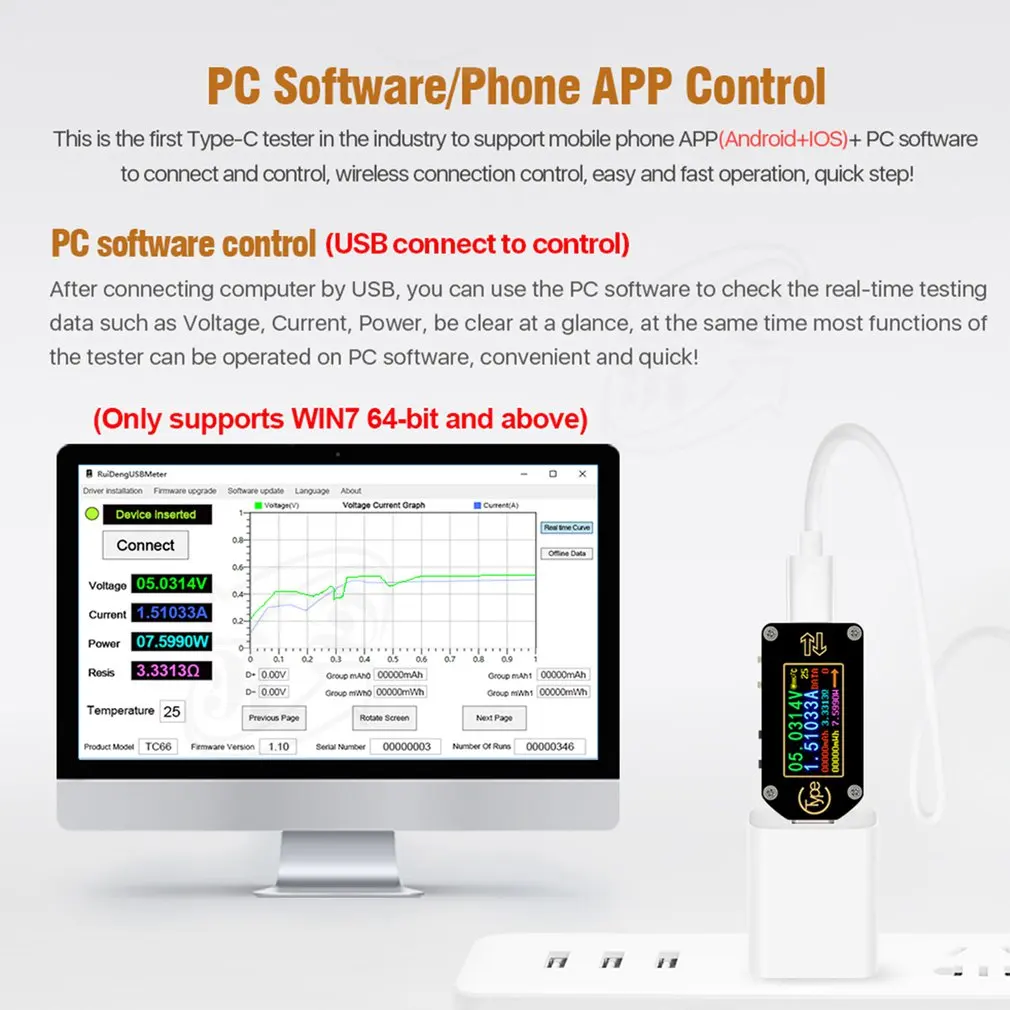 USB-тестер TC66 измеритель мощности с триггером PD Type-C мультиметр амперметр