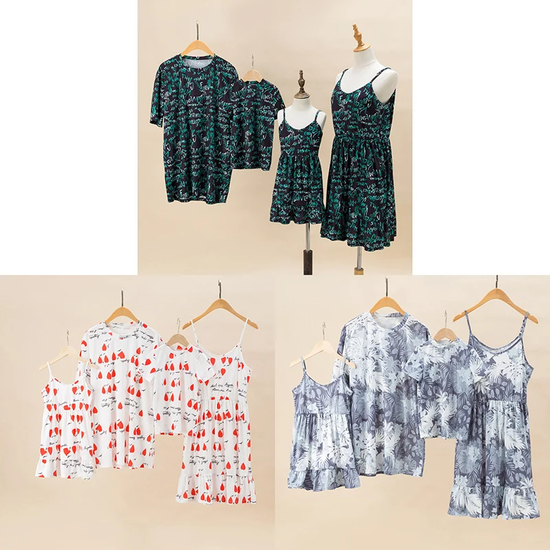

2021 New Family Matching Clothes Birthday O-neck Printed T-shirt Boys Sling Letter Splicing Girls Dress Matching Family Outfits
