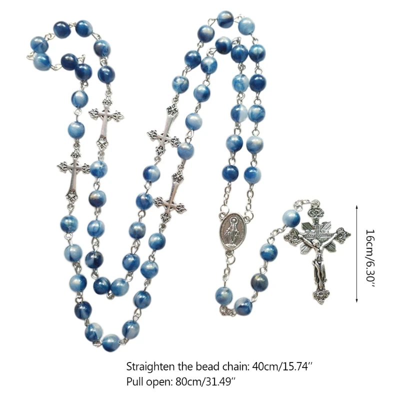 

Q9QF Blue Acrylic Rosary Necklace Long Cross Pendant Catholic Christian Necklace Religious Jewelry for Men Women