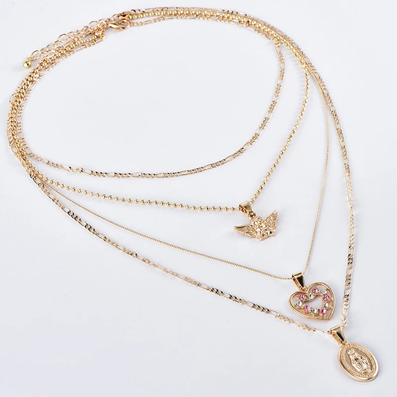 Модное ожерелье s Boho Ретро кристаллы в форме сердца медальон Дева Мария Крылья ангела золотое ожерелье женские очаровательные ювелирные аксессуары