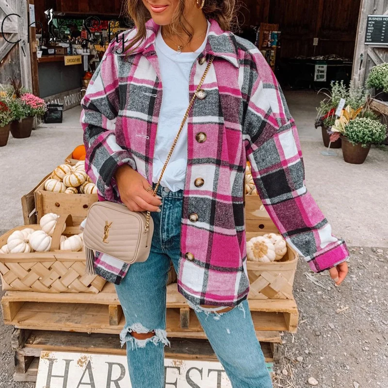 

Chiclily Sweet Plaid Woolen Shirt Jackets Women Fashion Turn-down Collar Check Jacket Cute Girls Chic Coat Streetwear