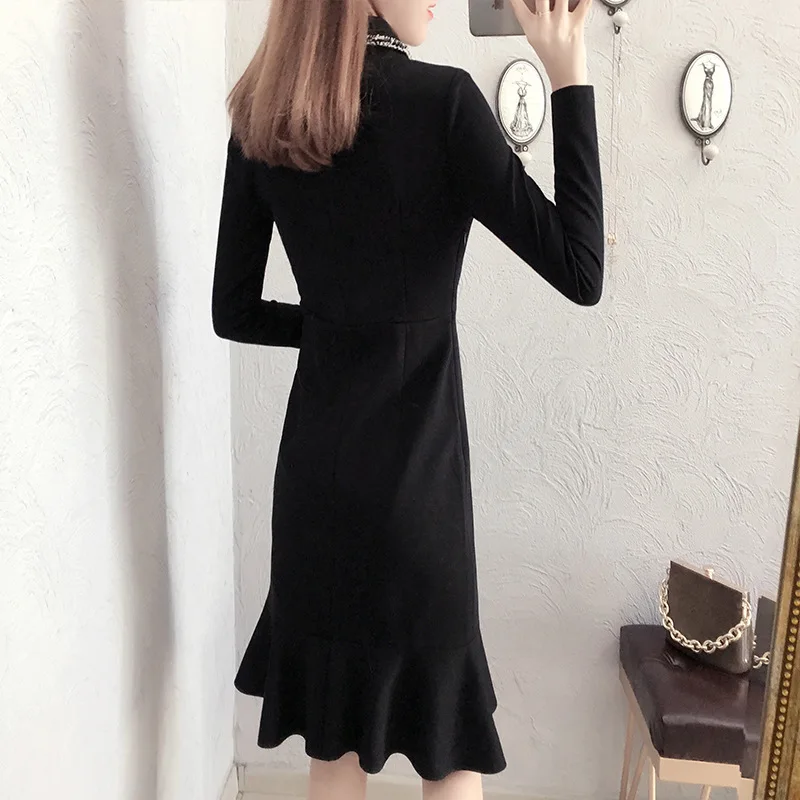 Весеннее Новое офисное женское элегантное платье с v образным вырезом черное