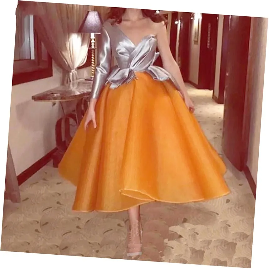 

Chic Design Organza Sliver One Shoulder Long Sleeves Midi Evening Dress Custom Made Special Occasion Party Formal Gown Dtesses